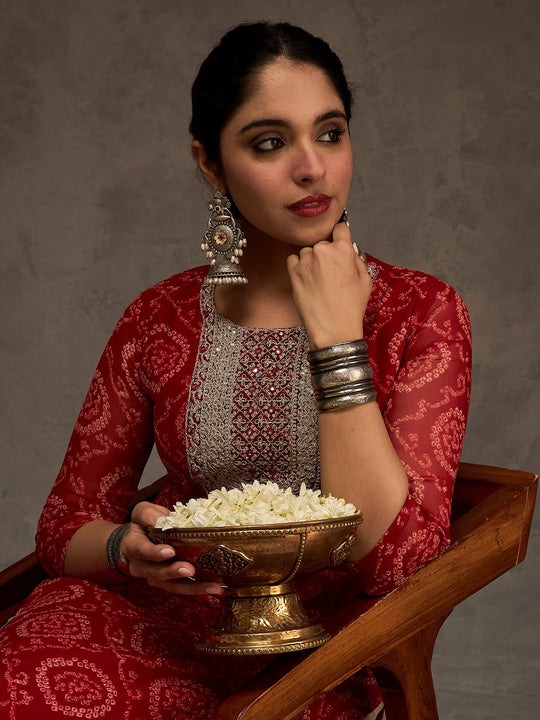 Indo Era Red Printed Straight Kurtas