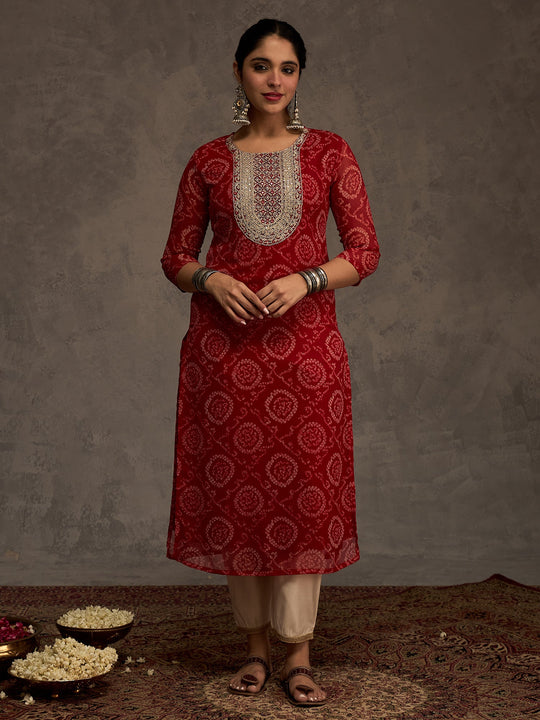 Indo Era Red Printed Straight Kurtas