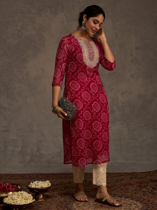 Indo Era Pink Printed Straight Kurtas