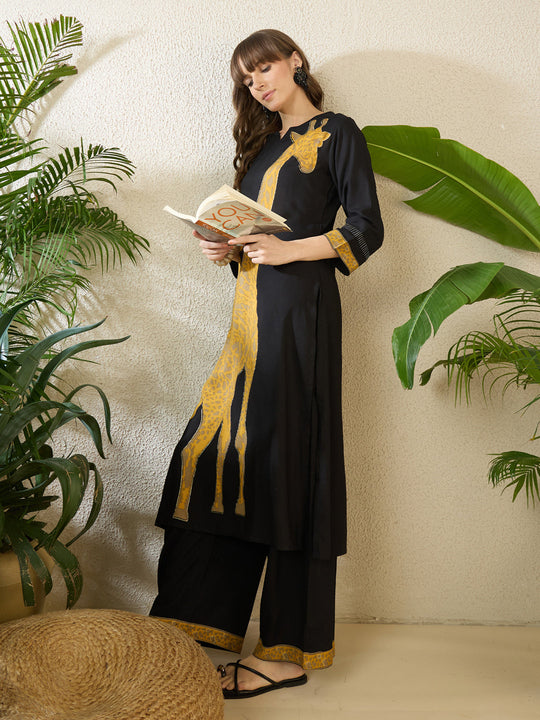 Indo Era Black Printed A-Line Kurta Palazzos Set