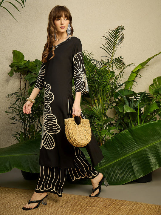Black Printed Viscose Rayon Straight Kurta Trousers Set