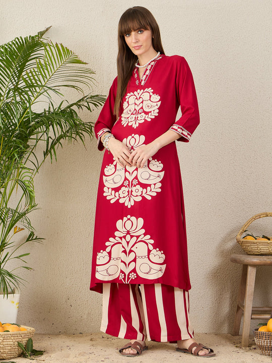 Maroon Printed Viscose Rayon Straight Kurta Palazzo Set