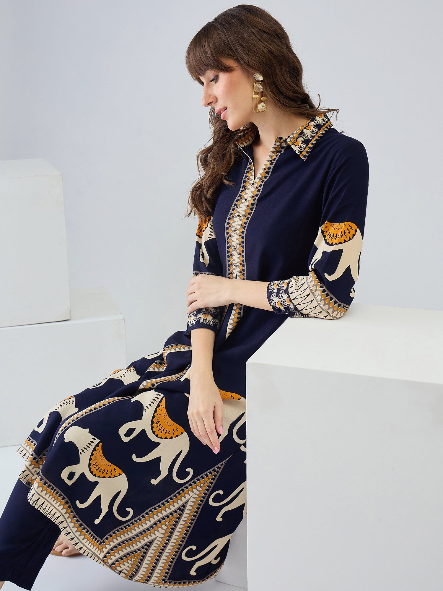 Indo Era Navy Blue Printed A-Line Kurta Palazzos Set