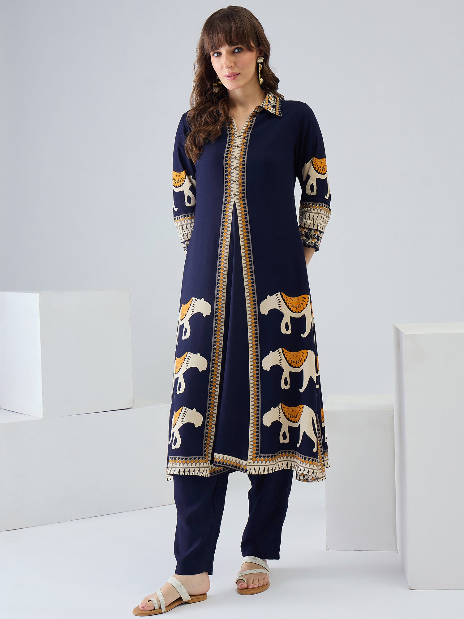 Indo Era Navy Blue Printed A-Line Kurta Palazzos Set