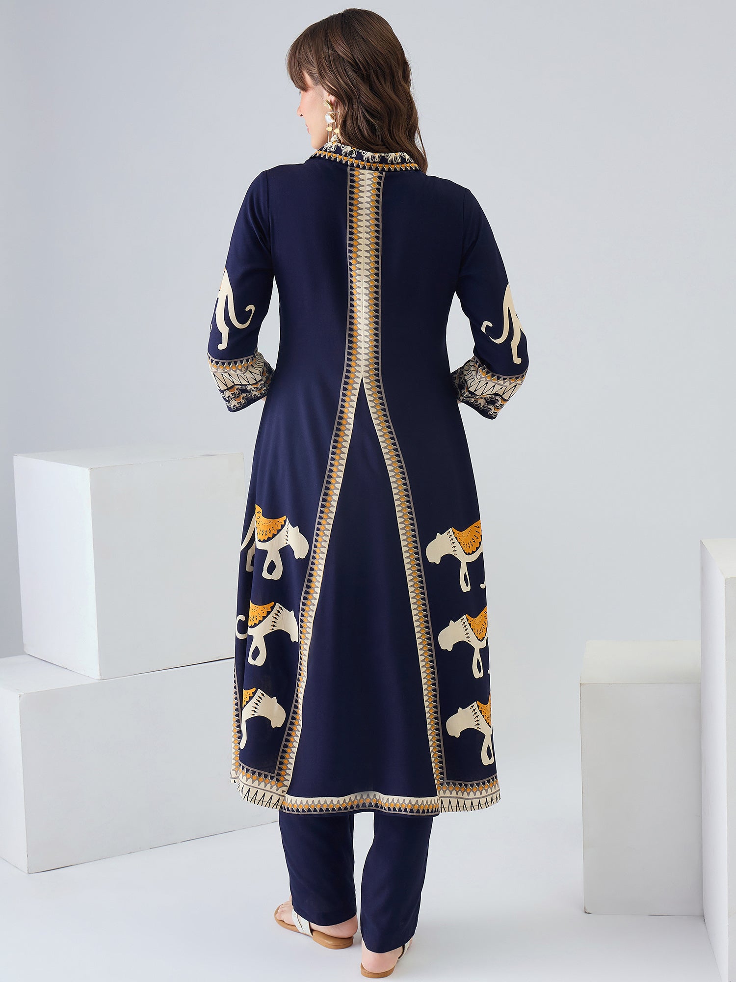 Indo Era Navy Blue Printed A-Line Kurta Palazzos Set