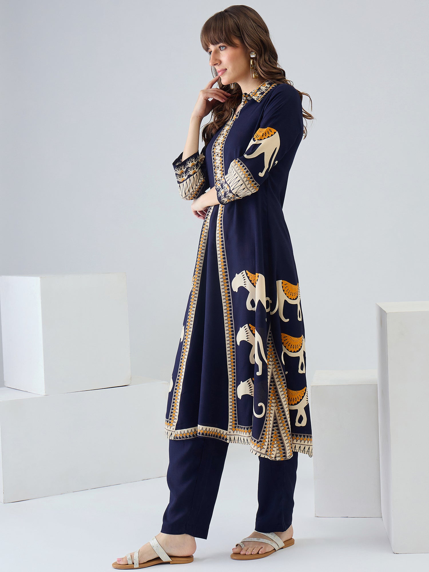 Indo Era Navy Blue Printed A-Line Kurta Palazzos Set
