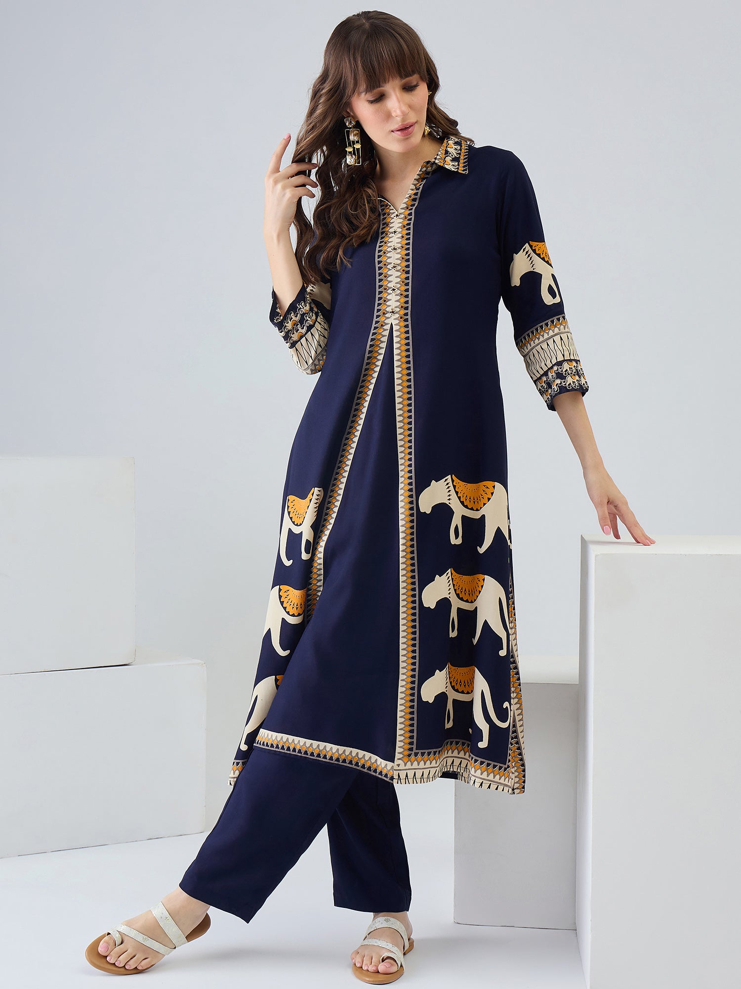 Indo Era Navy Blue Printed A-Line Kurta Palazzos Set