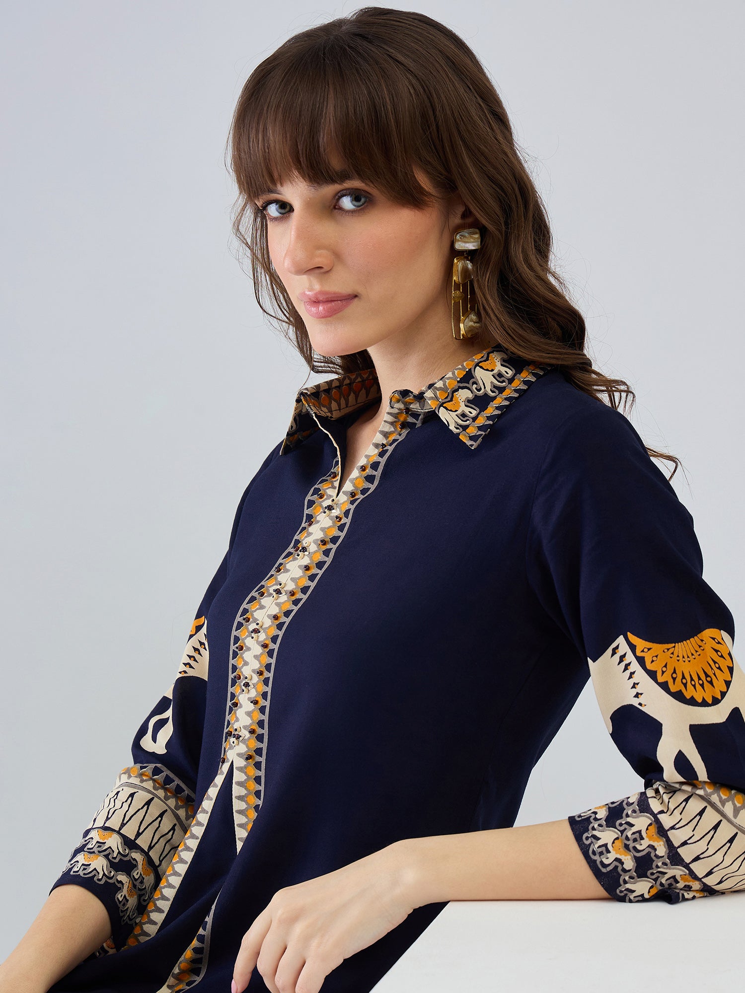 Indo Era Navy Blue Printed A-Line Kurta Palazzos Set