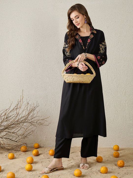 Black Embroidered Viscose Rayon A-Line Kurta Palazzo Set