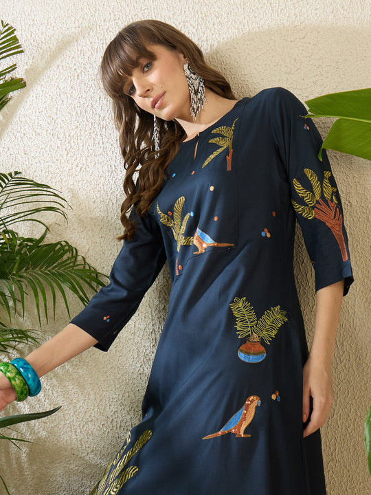 Indo Era Navy Blue Printed A-Line Kurta Palazzos Set