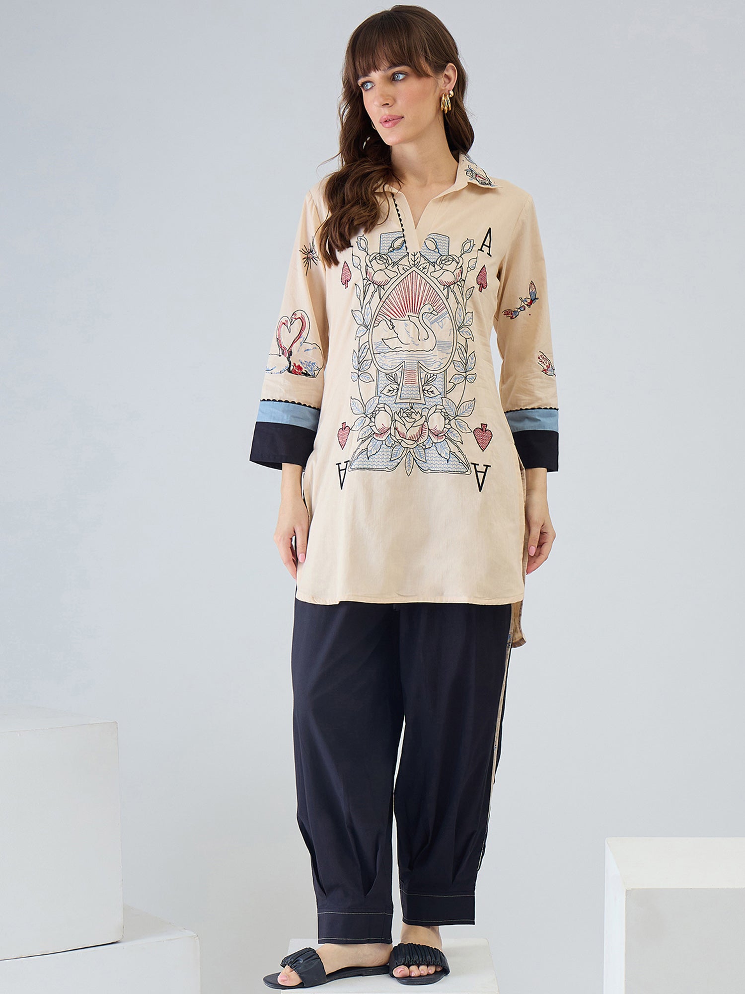 Indo Era Cream Printed Straight Kurta Palazzos Set