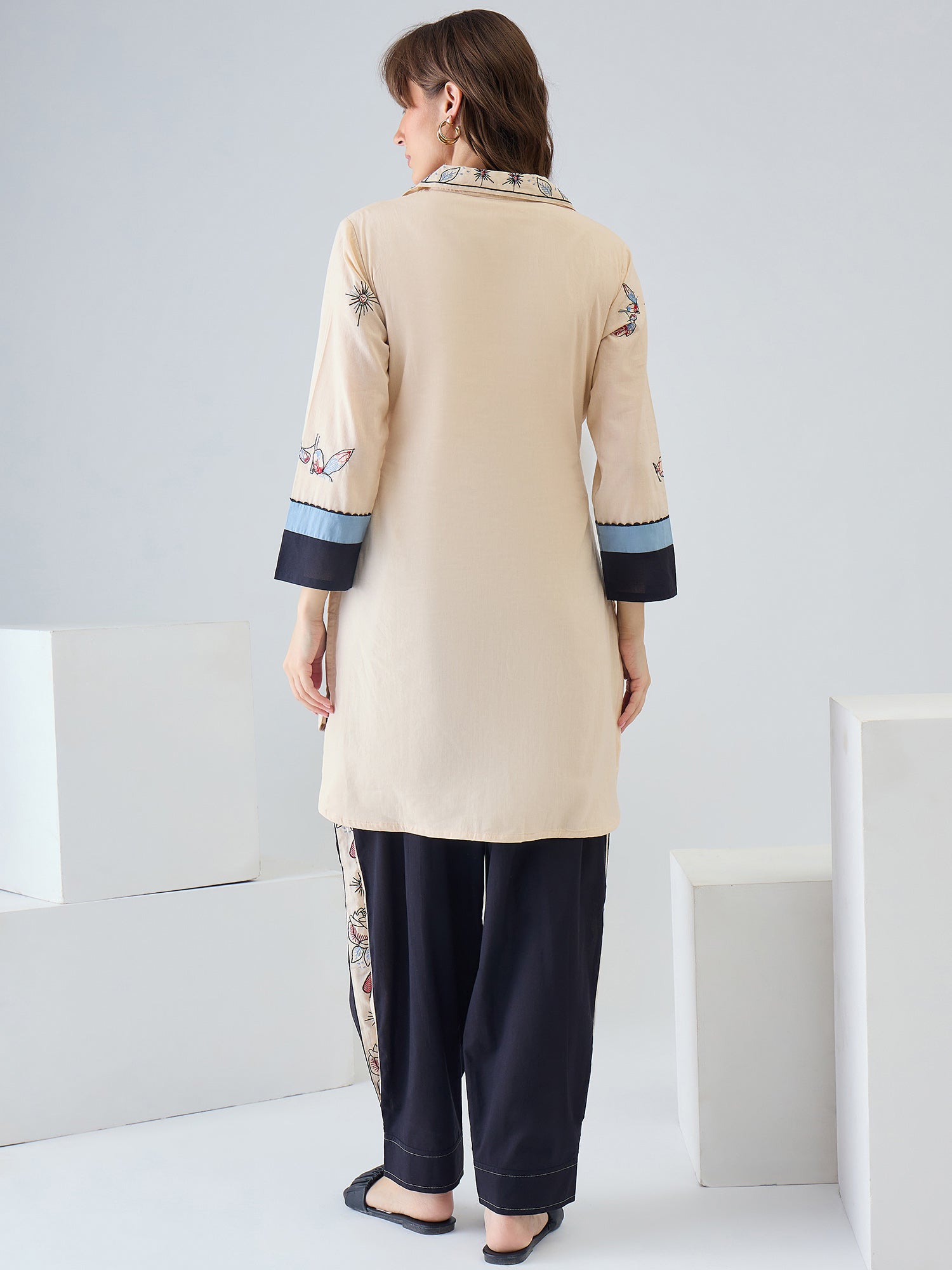 Indo Era Cream Printed Straight Kurta Palazzos Set