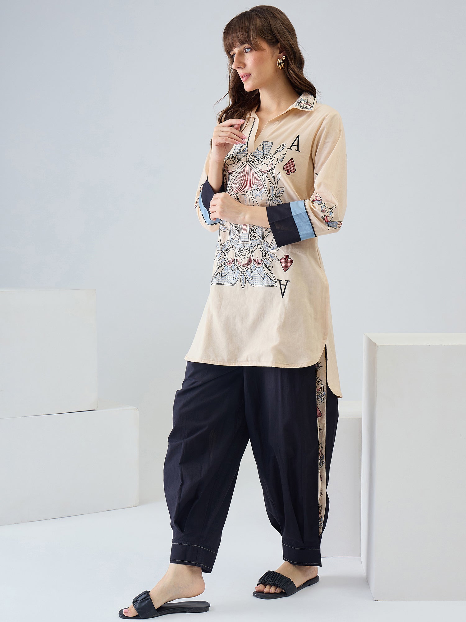 Indo Era Cream Printed Straight Kurta Palazzos Set