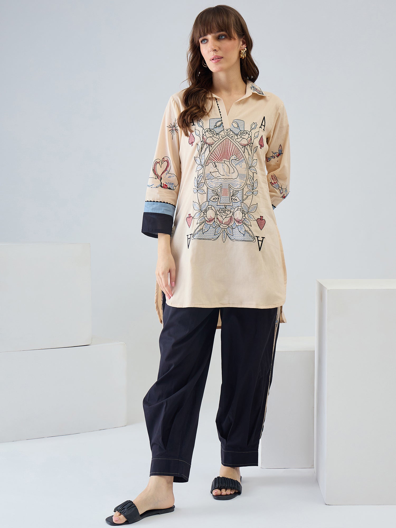 Indo Era Cream Printed Straight Kurta Palazzos Set