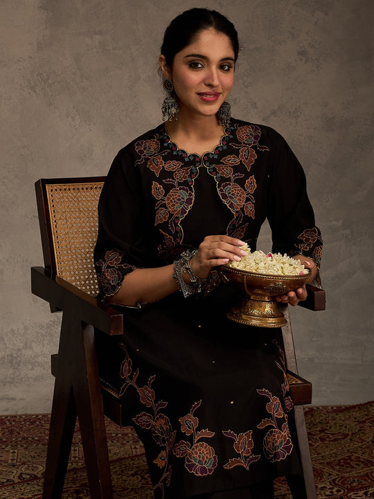Black Embroidered Silk Blend Straight Kurta Palazzo Set