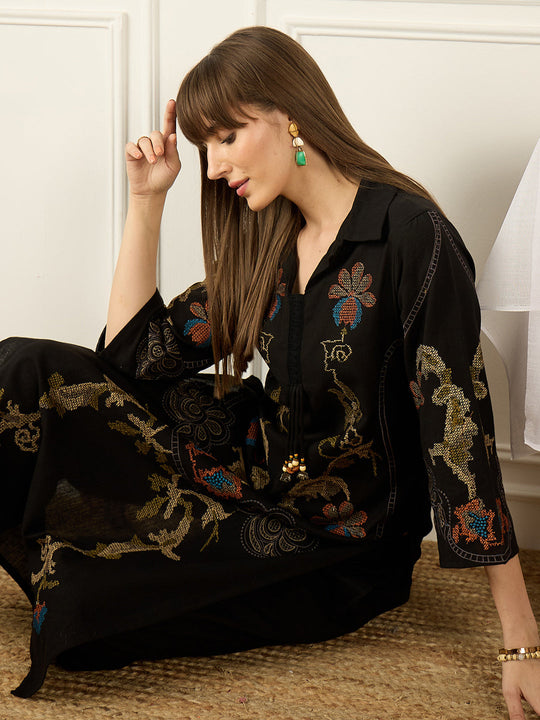 Indo Era Black Embroidered Straight Kurta Palazzos Set