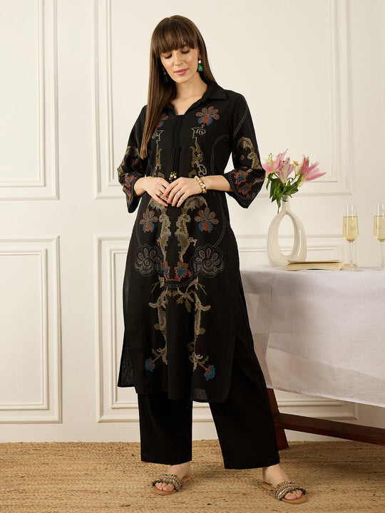 Indo Era Black Embroidered Straight Kurta Palazzos Set