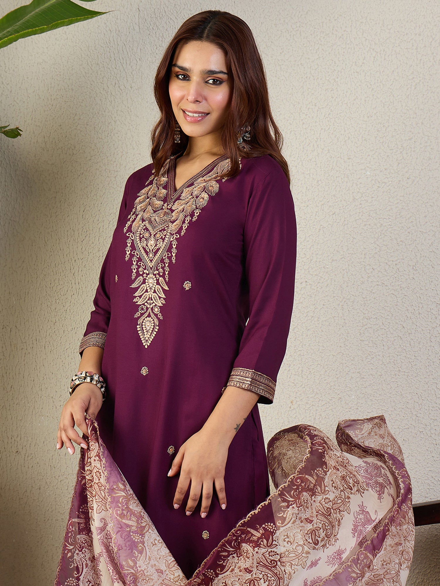 Indo Era Burgundy Embroidered Straight Kurta Palazzos With Dupatta Set