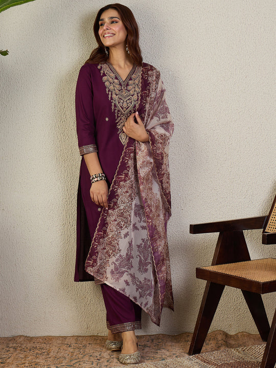 Indo Era Burgundy Embroidered Straight Kurta Palazzos With Dupatta Set