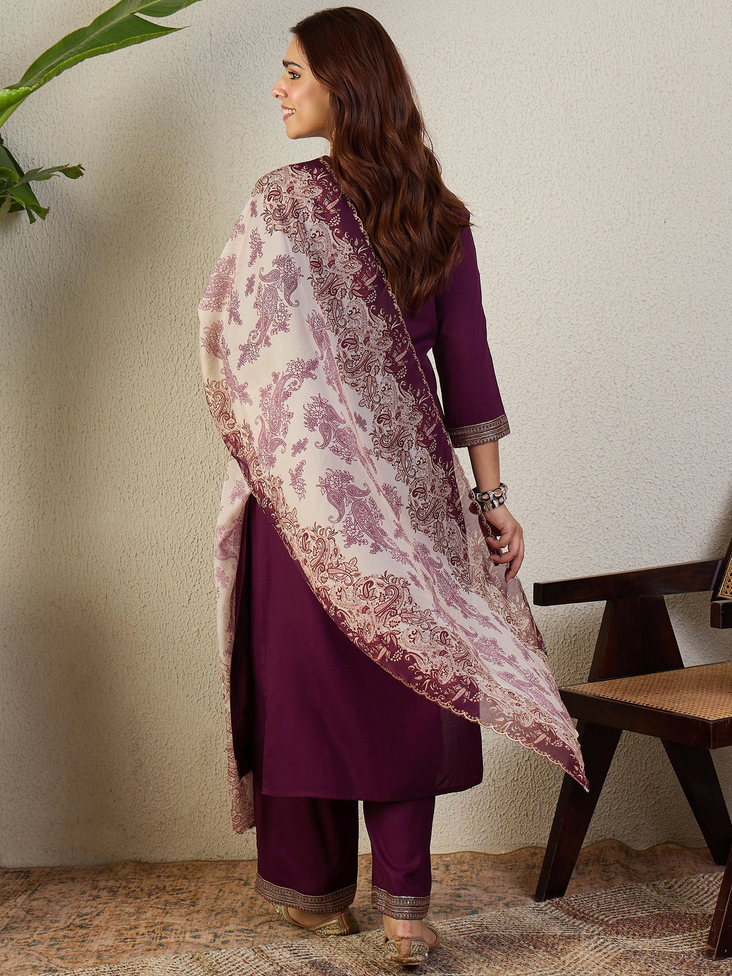 Indo Era Burgundy Embroidered Straight Kurta Palazzos With Dupatta Set