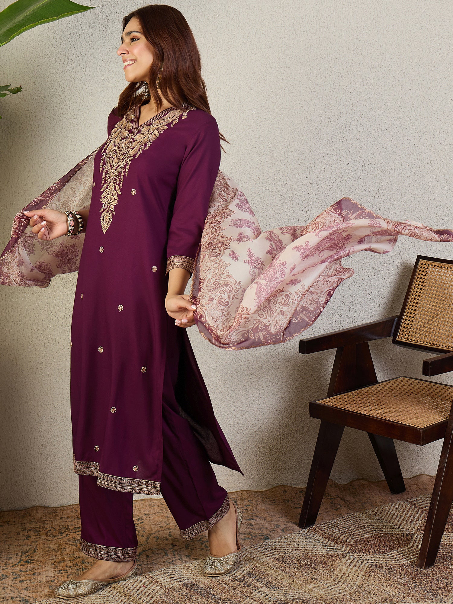 Indo Era Burgundy Embroidered Straight Kurta Palazzos With Dupatta Set