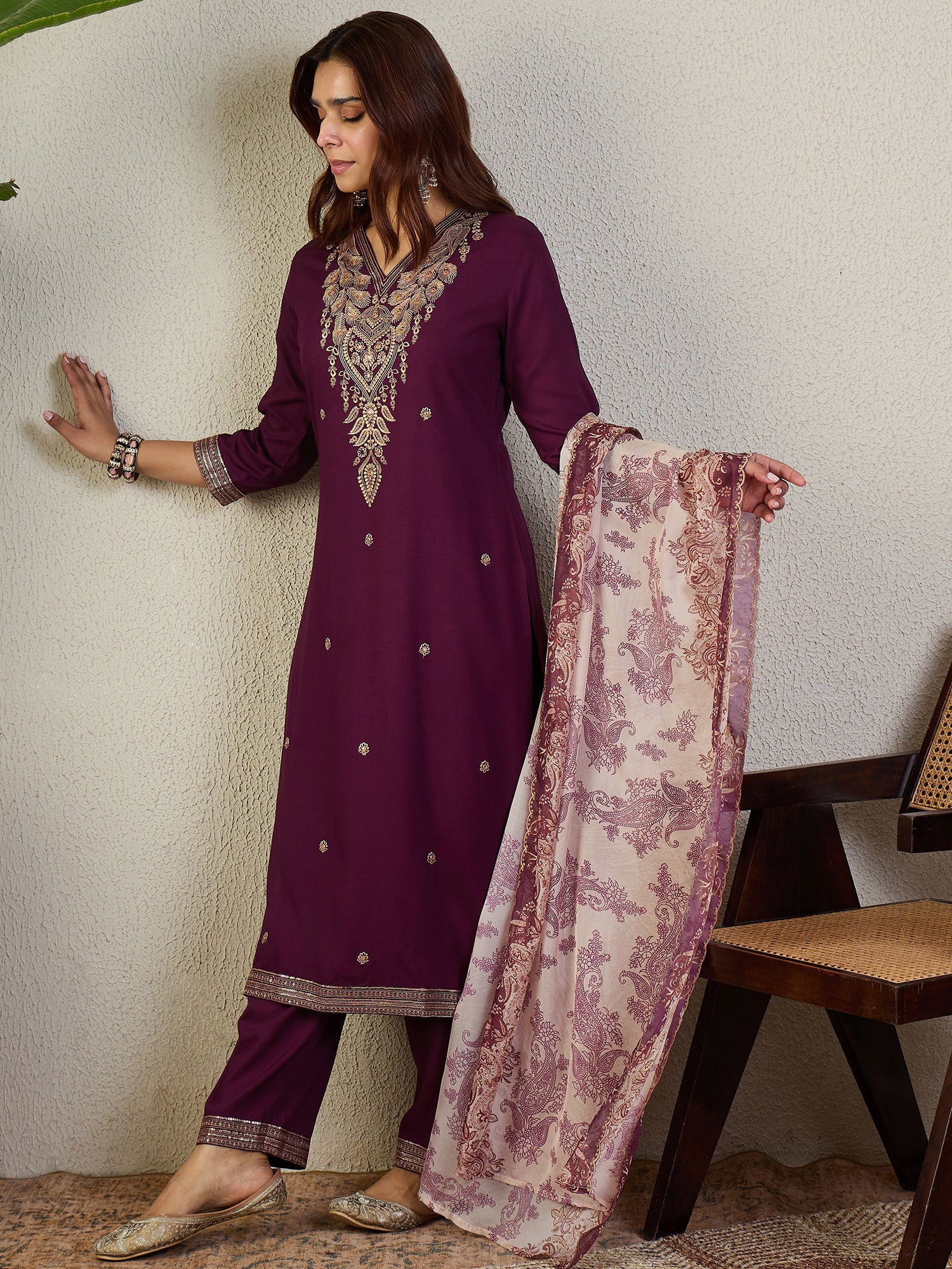 Indo Era Burgundy Embroidered Straight Kurta Palazzos With Dupatta Set