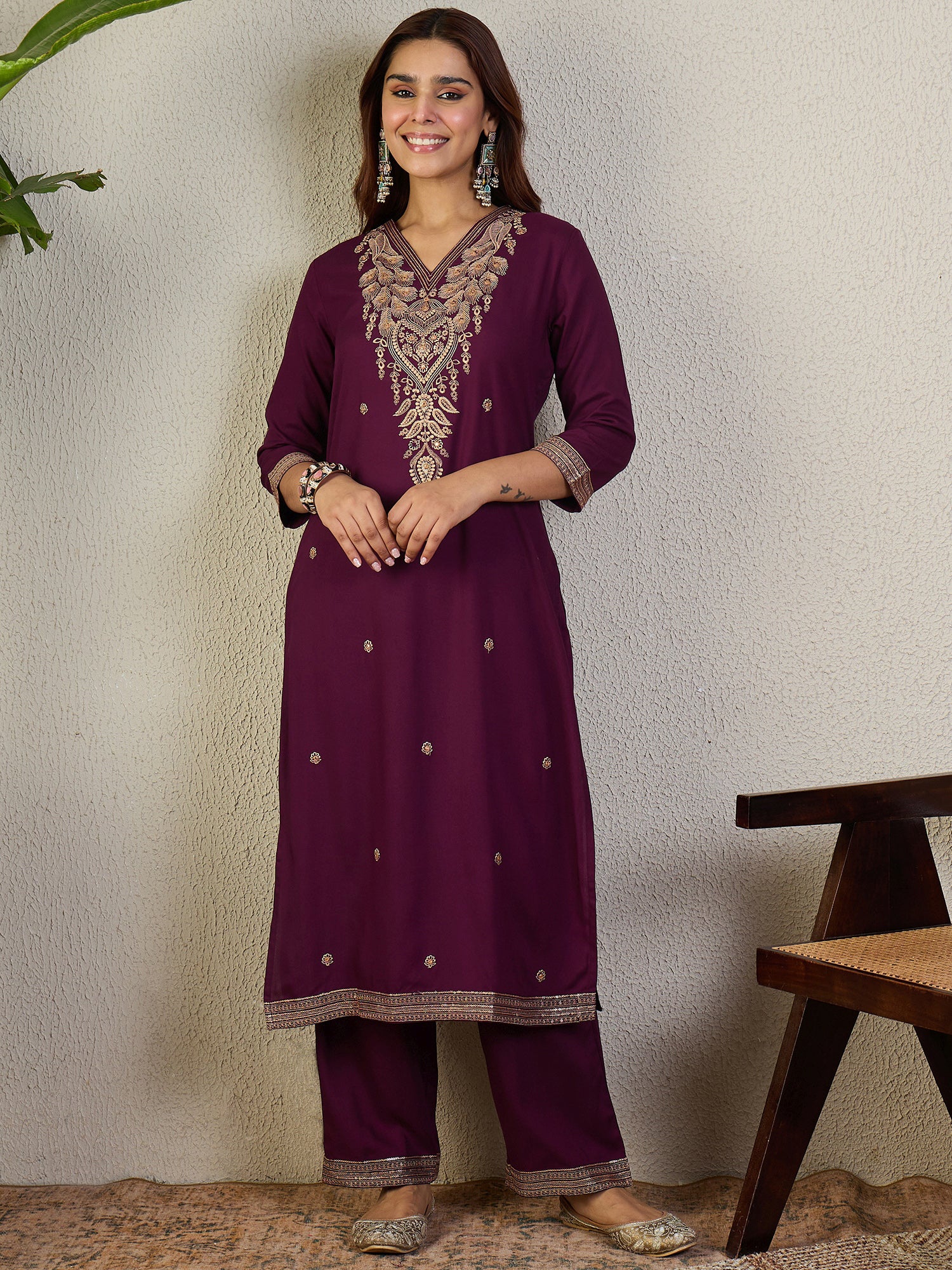 Indo Era Burgundy Embroidered Straight Kurta Palazzos With Dupatta Set