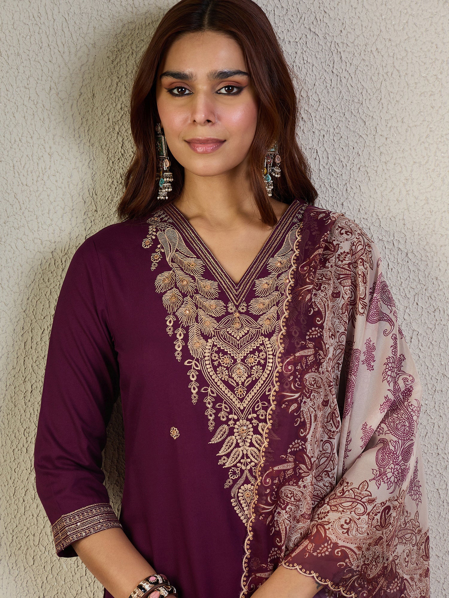 Indo Era Burgundy Embroidered Straight Kurta Palazzos With Dupatta Set