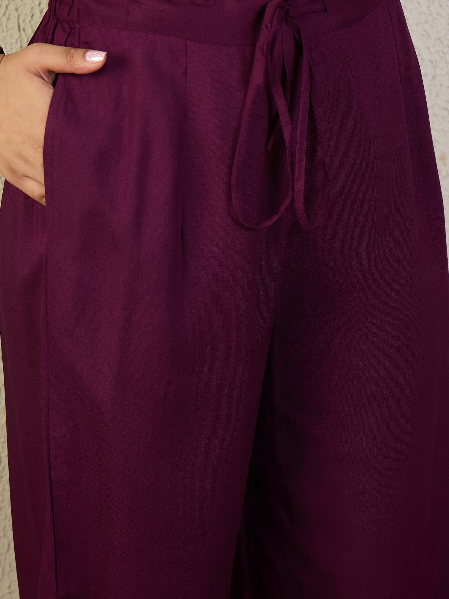 Indo Era Burgundy Embroidered Straight Kurta Palazzos With Dupatta Set