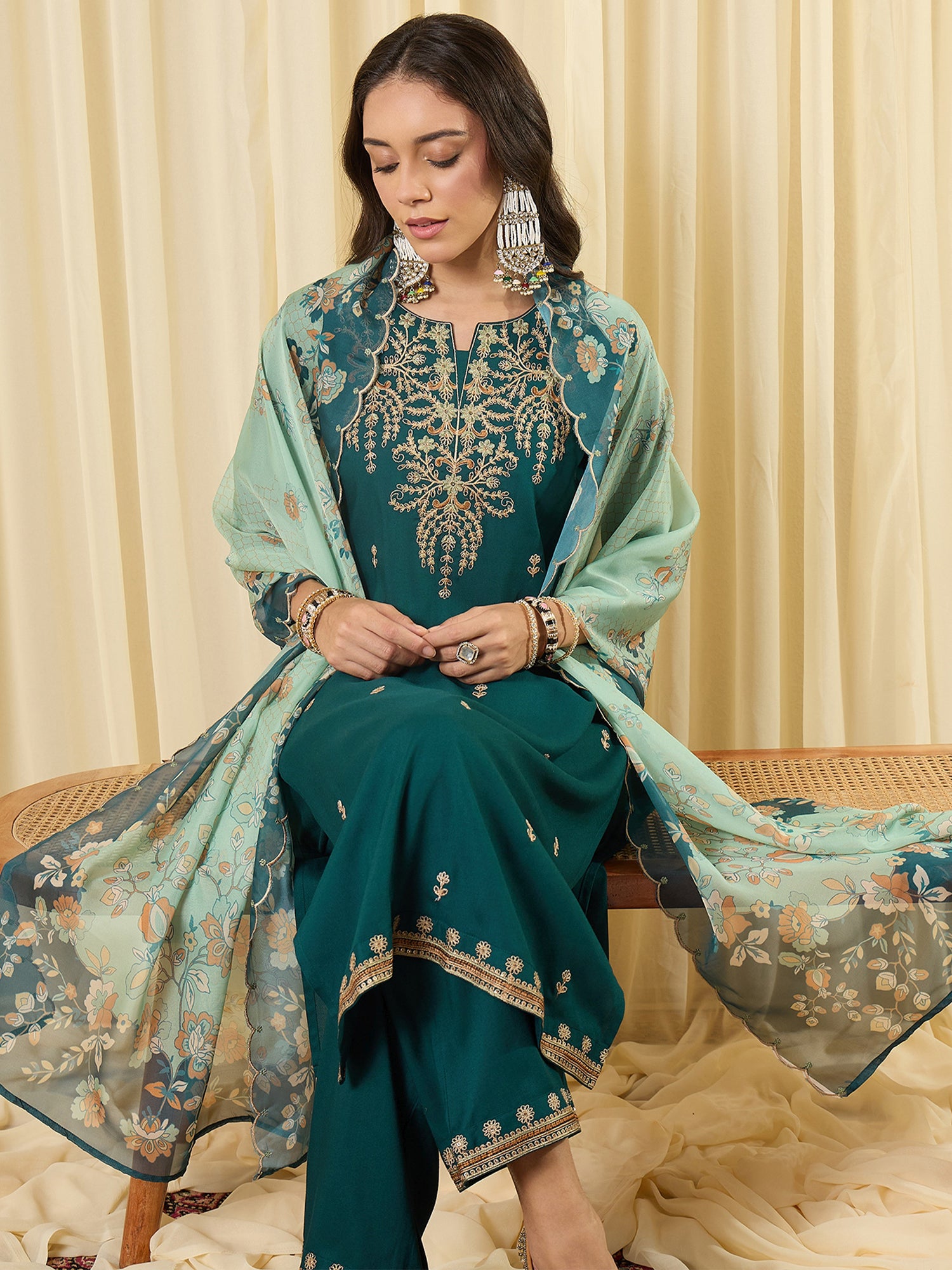Indo Era Teal Embroidered Straight Kurta Palazzos With Dupatta set
