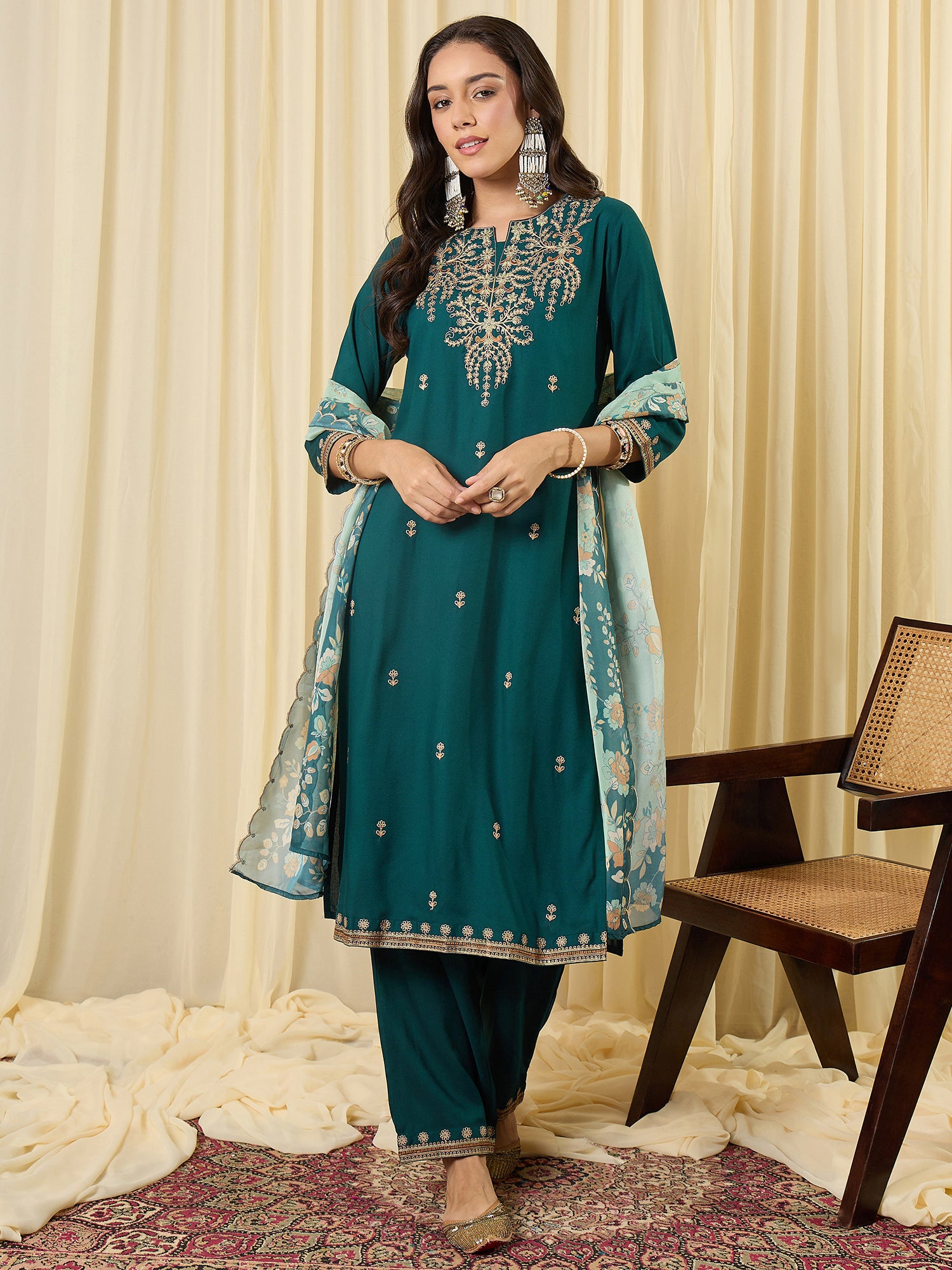 Indo Era Teal Embroidered Straight Kurta Palazzos With Dupatta set