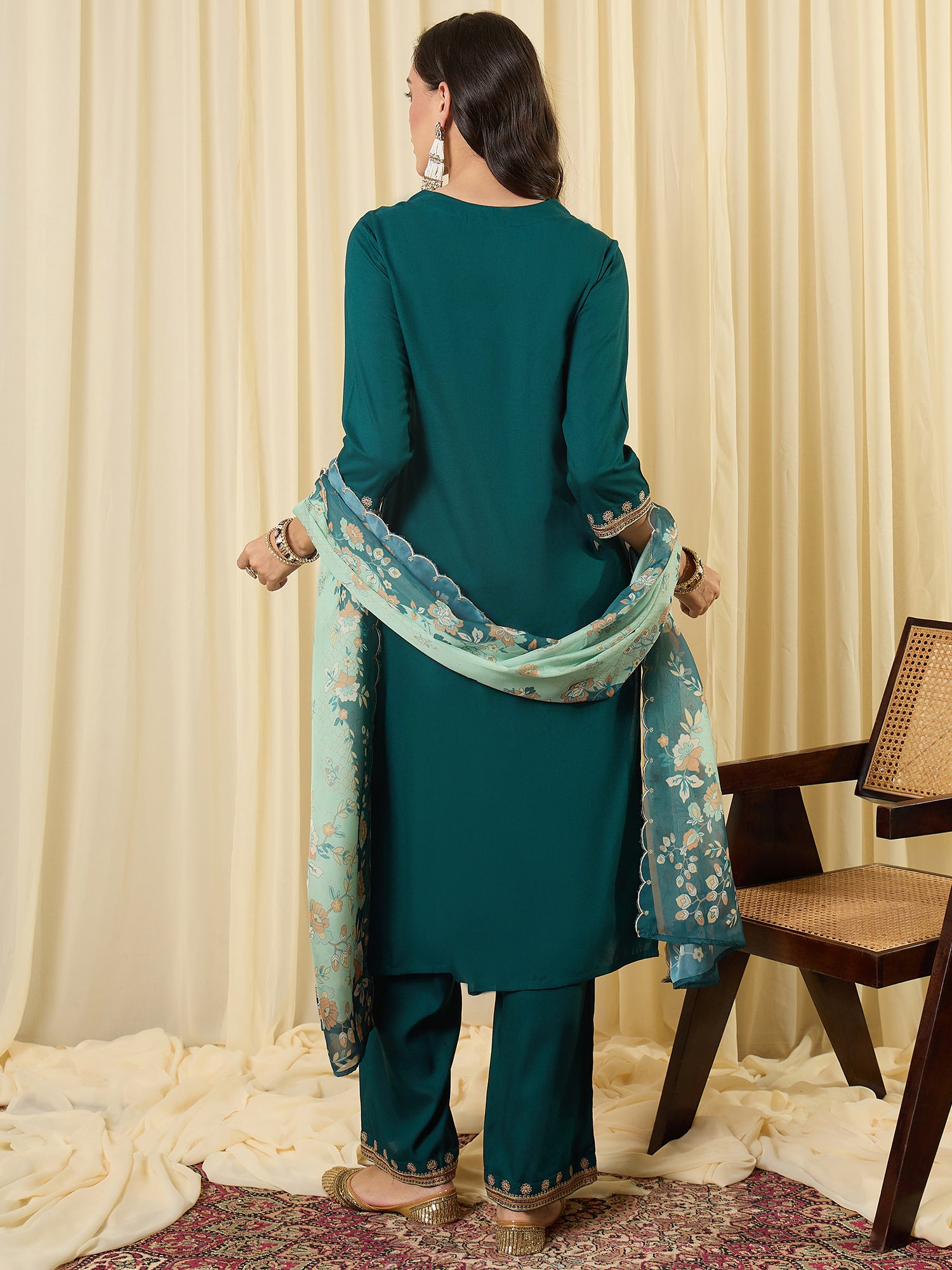 Indo Era Teal Embroidered Straight Kurta Palazzos With Dupatta set