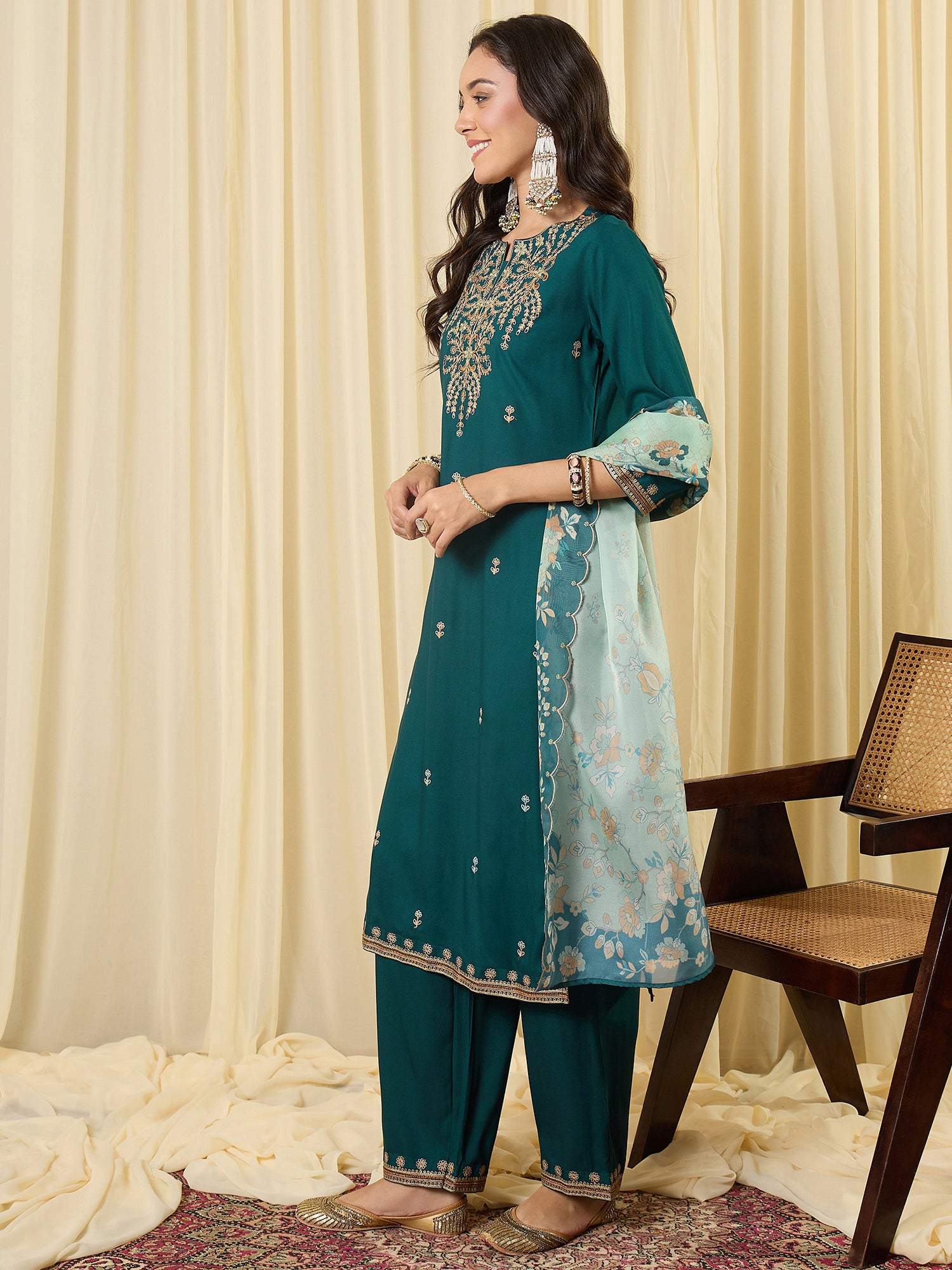 Indo Era Teal Embroidered Straight Kurta Palazzos With Dupatta set