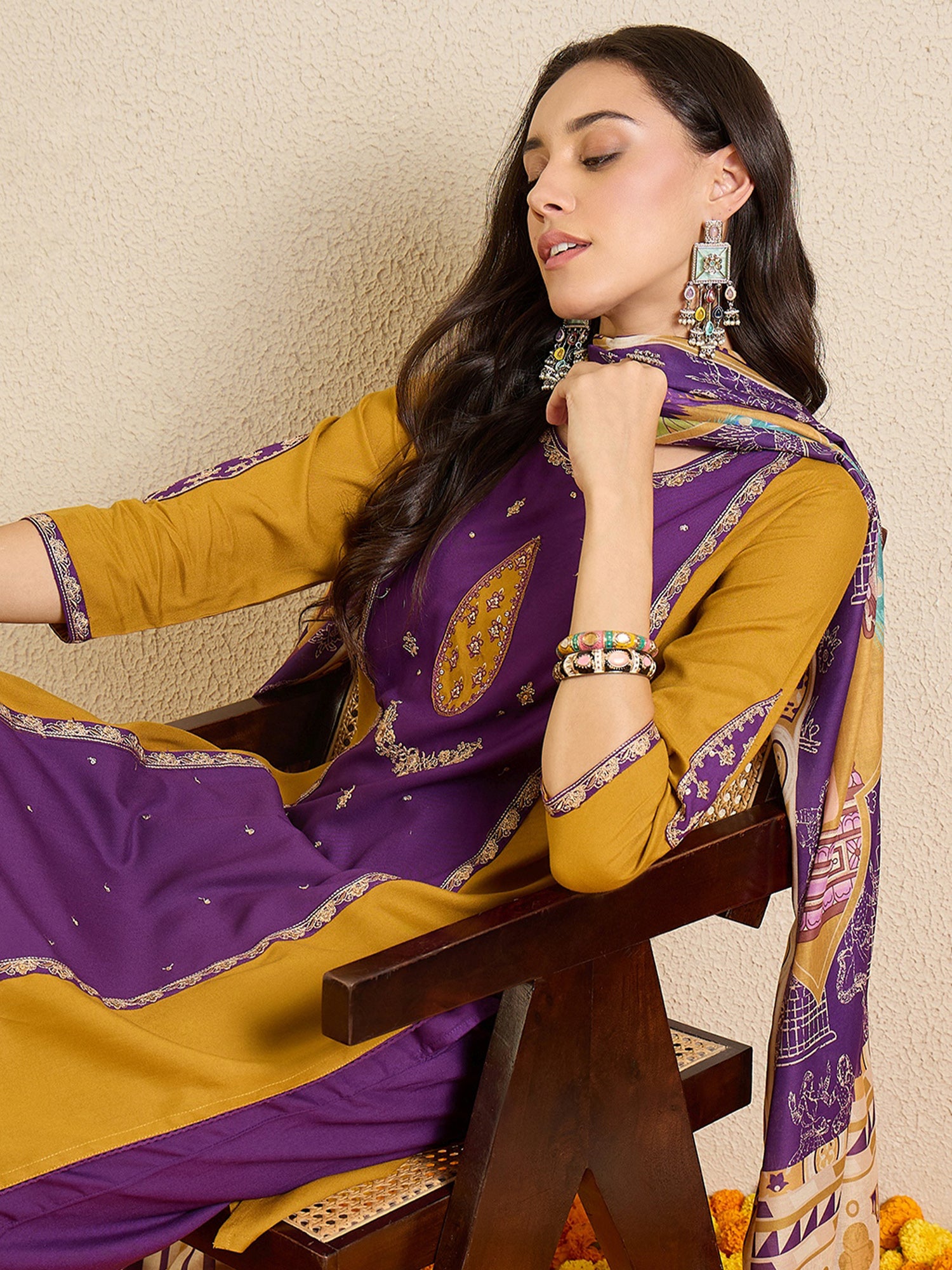 Indo Era Purple Embroidered Straight Kurta Palazzos With Dupatta set