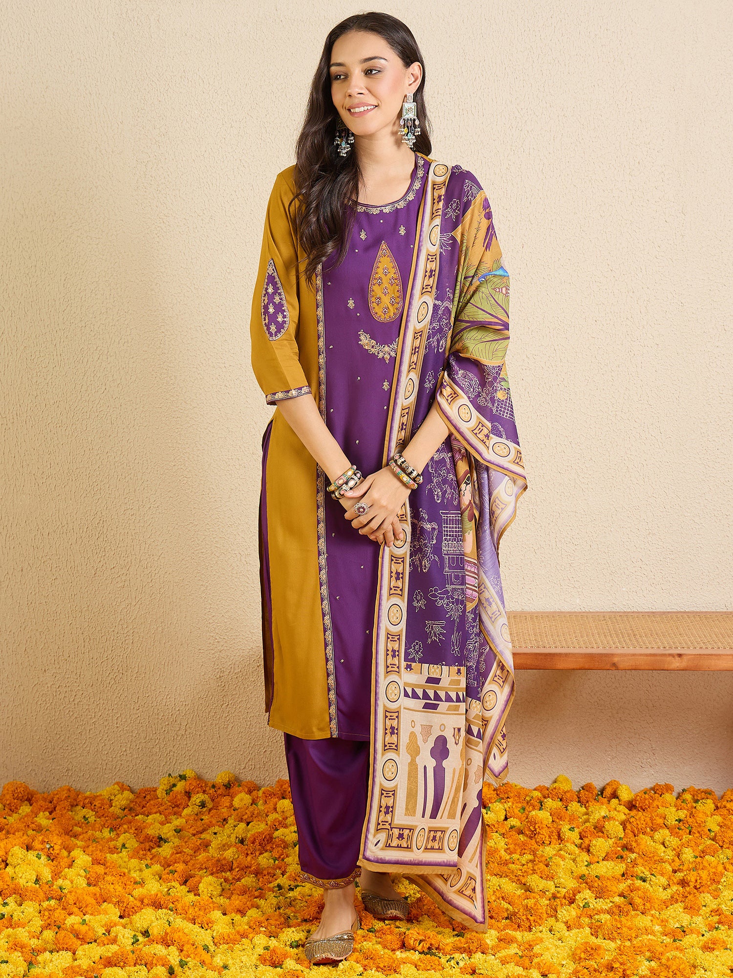 Indo Era Purple Embroidered Straight Kurta Palazzos With Dupatta set