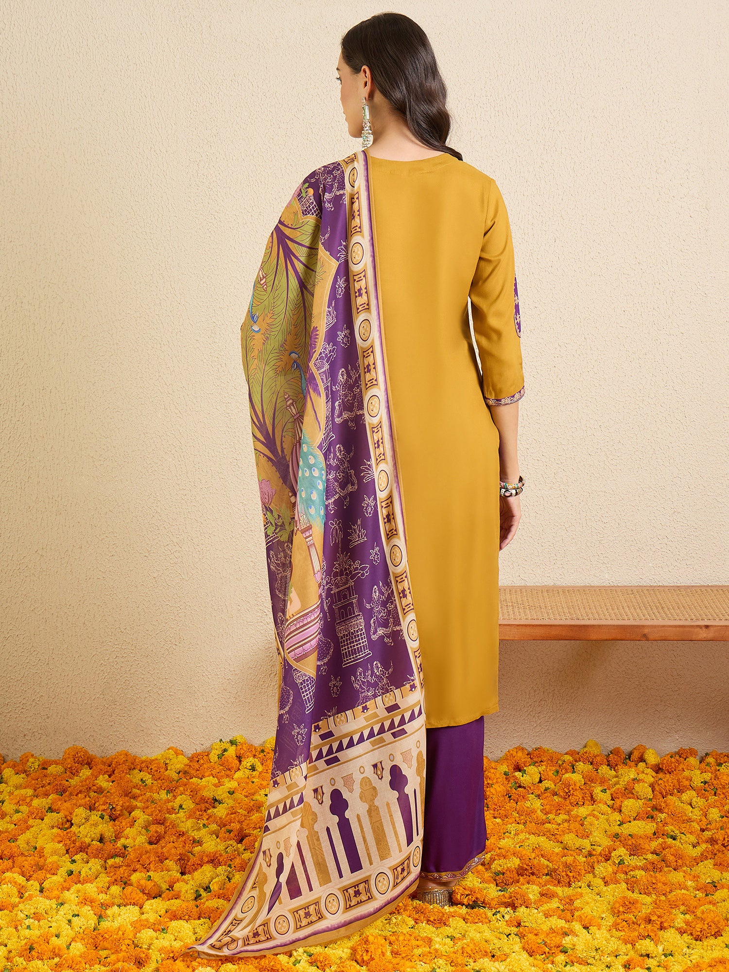 Indo Era Purple Embroidered Straight Kurta Palazzos With Dupatta set