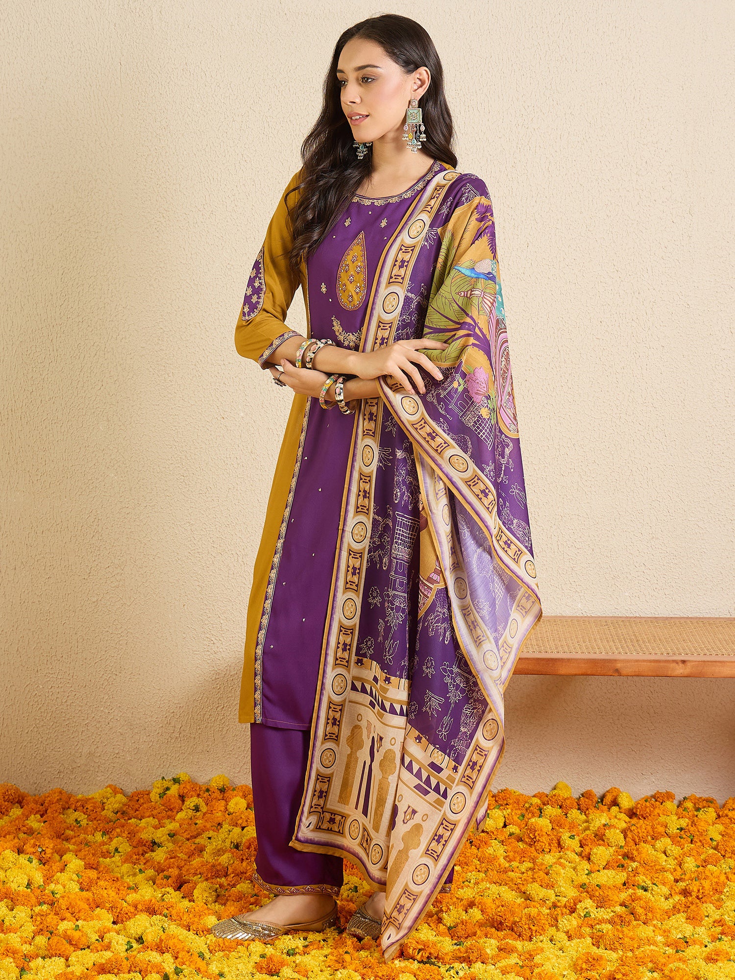 Indo Era Purple Embroidered Straight Kurta Palazzos With Dupatta set