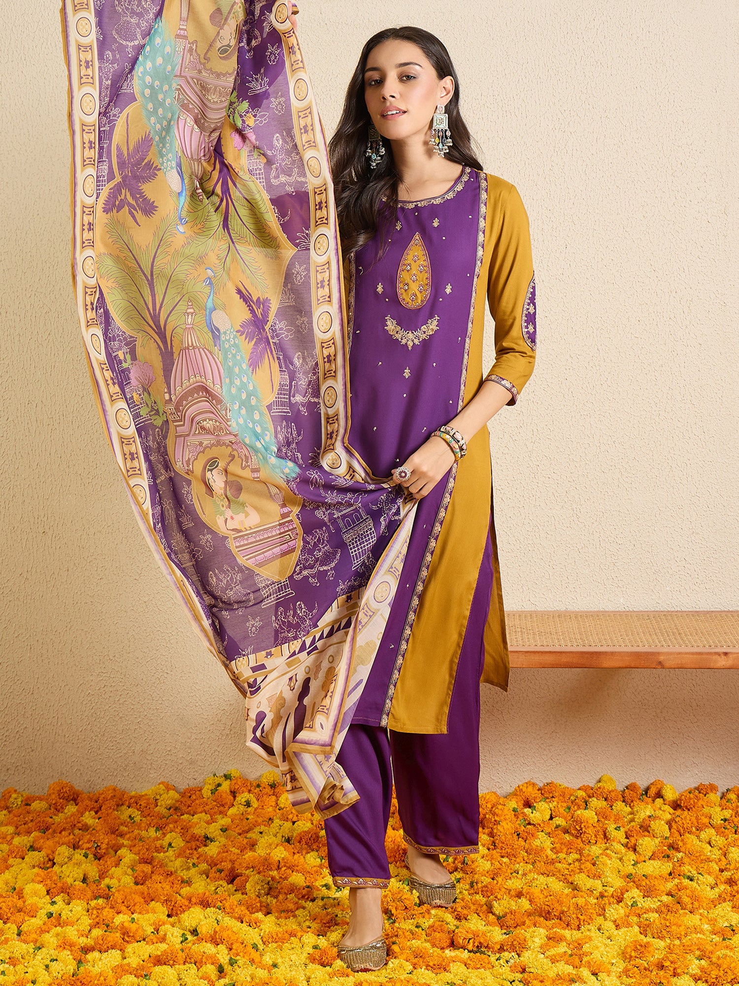 Indo Era Purple Embroidered Straight Kurta Palazzos With Dupatta set