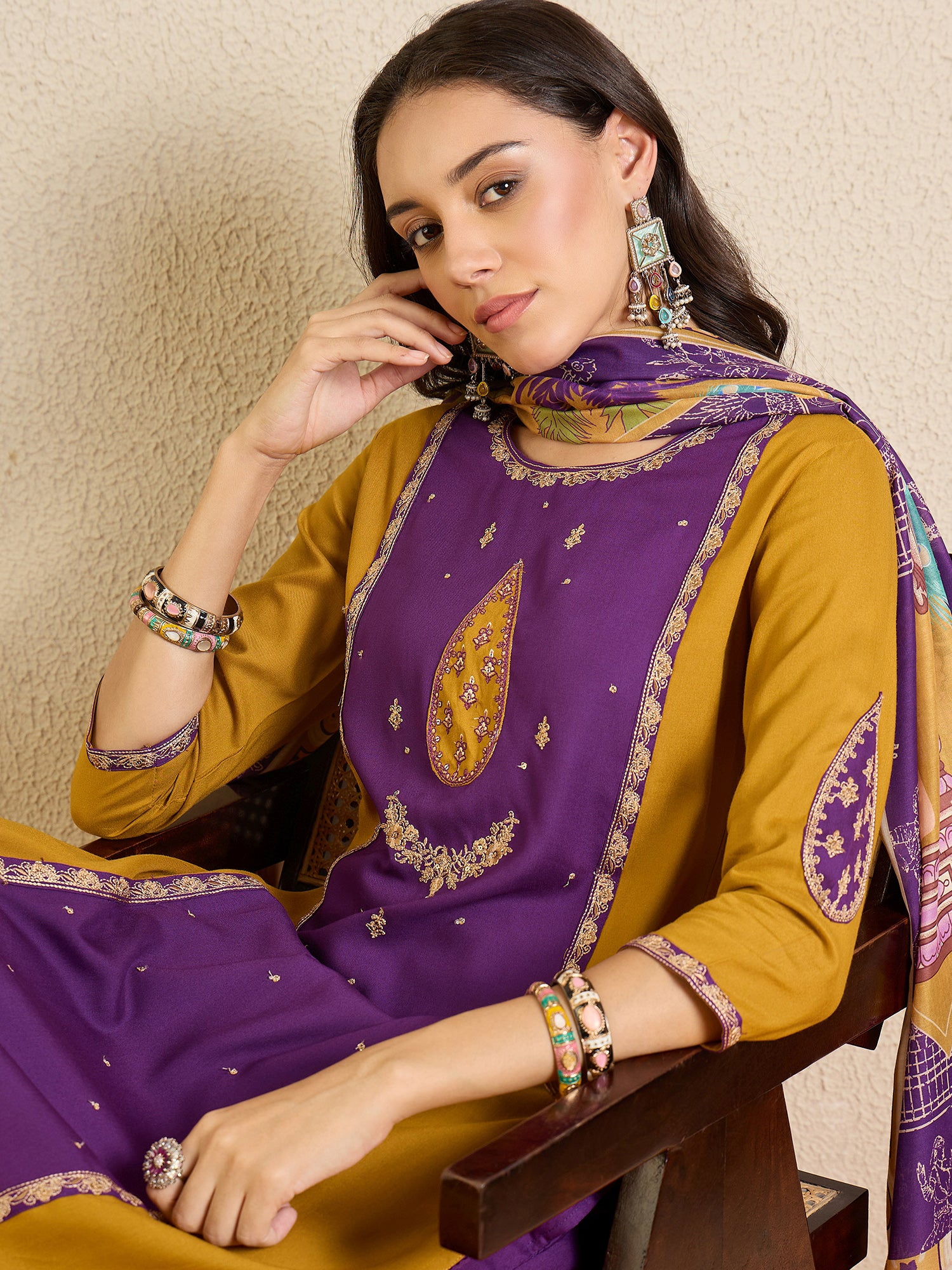 Indo Era Purple Embroidered Straight Kurta Palazzos With Dupatta set