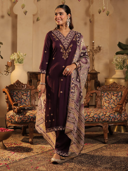 Purple Embroidered Viscose Rayon Straight Kurta Palazzos With Dupatta