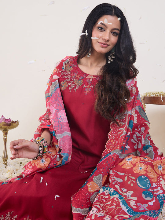 Indo Era Pink Embroidered Straight Kurta Palazzos With Dupatta set