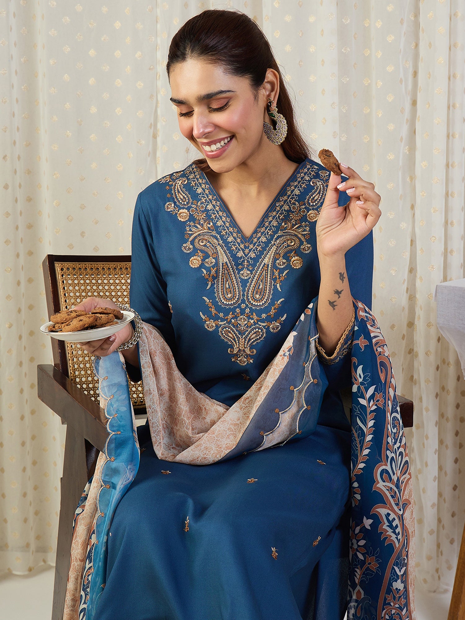 Indo Era Blue Embroidered Straight Kurta Palazzos With Dupatta set