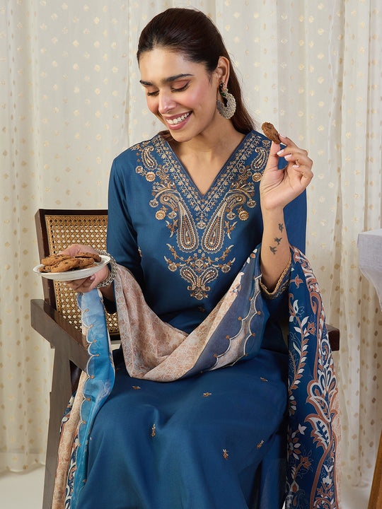 Indo Era Blue Embroidered Straight Kurta Palazzos With Dupatta set