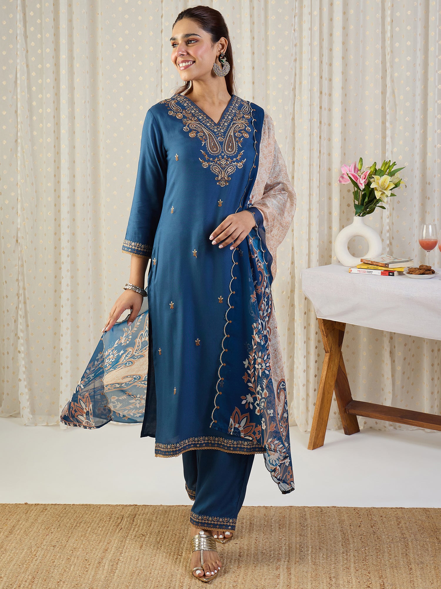 Indo Era Blue Embroidered Straight Kurta Palazzos With Dupatta set