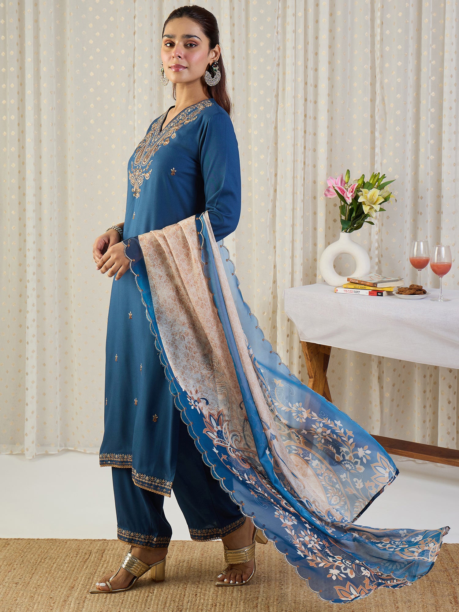 Indo Era Blue Embroidered Straight Kurta Palazzos With Dupatta set