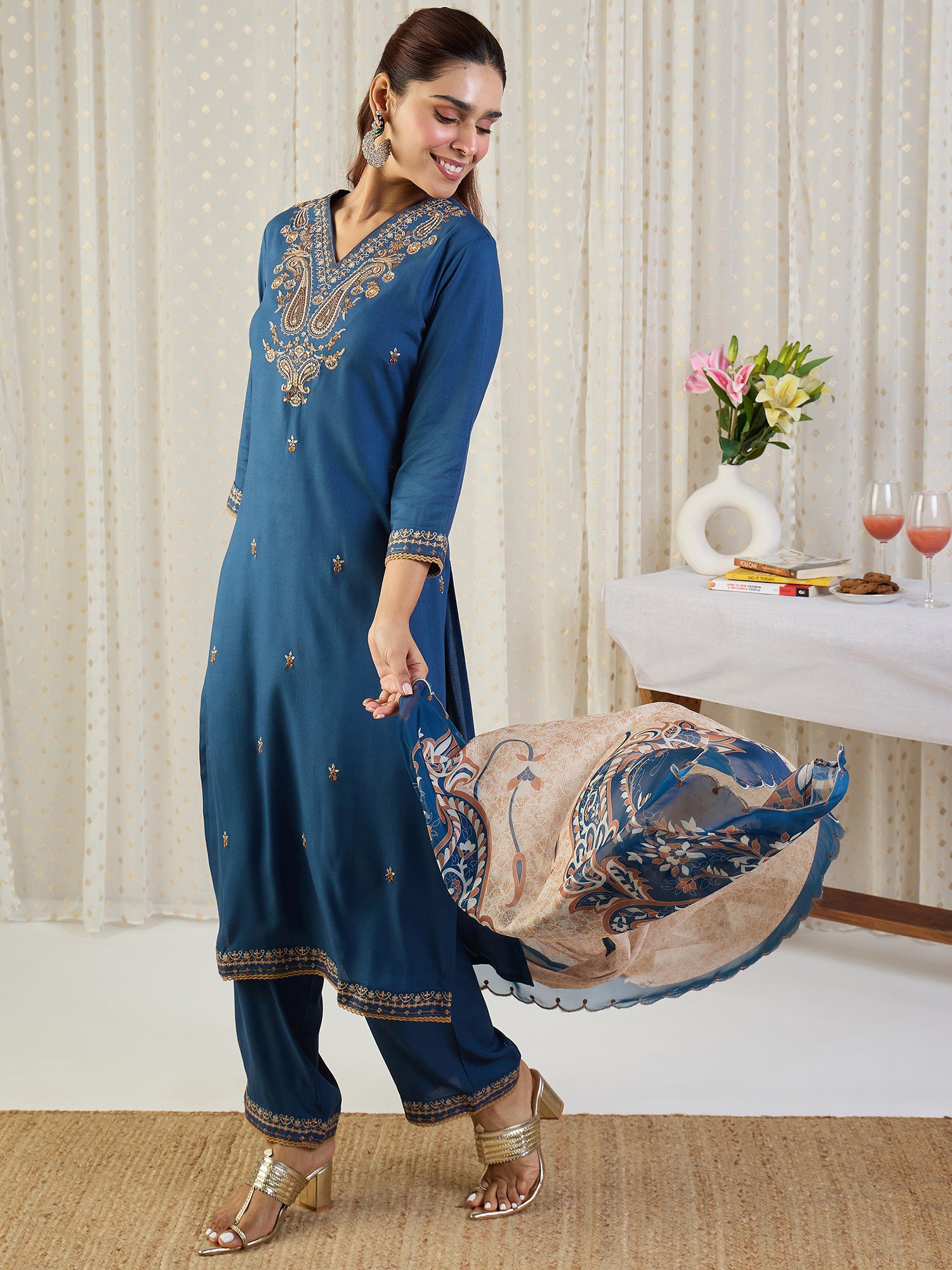 Indo Era Blue Embroidered Straight Kurta Palazzos With Dupatta set