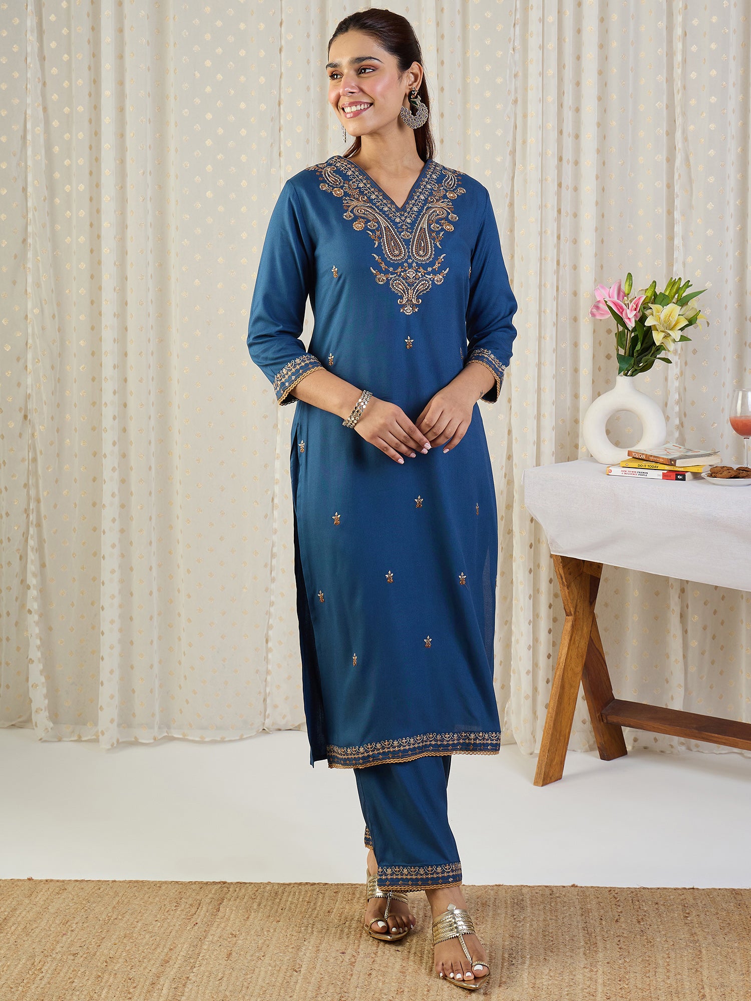 Indo Era Blue Embroidered Straight Kurta Palazzos With Dupatta set