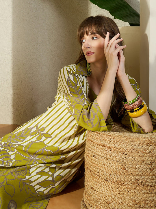 Green Printed Viscose Rayon A-Line Kurta Palazzo Set