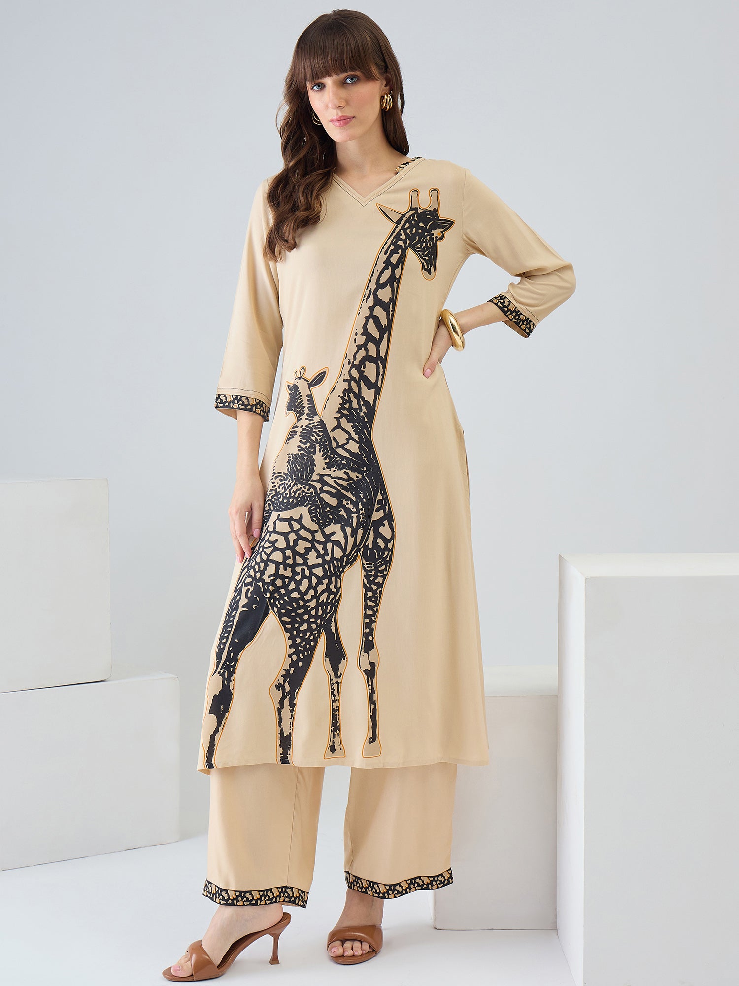 Indo Era Beige Printed Straight Kurta Palazzos Set