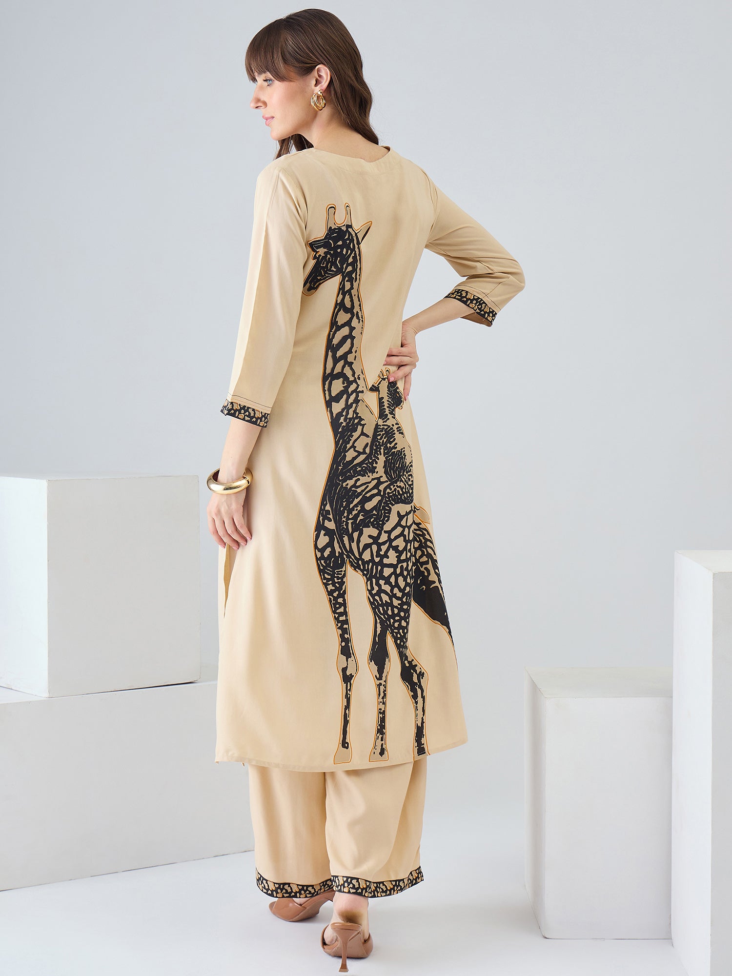 Indo Era Beige Printed Straight Kurta Palazzos Set